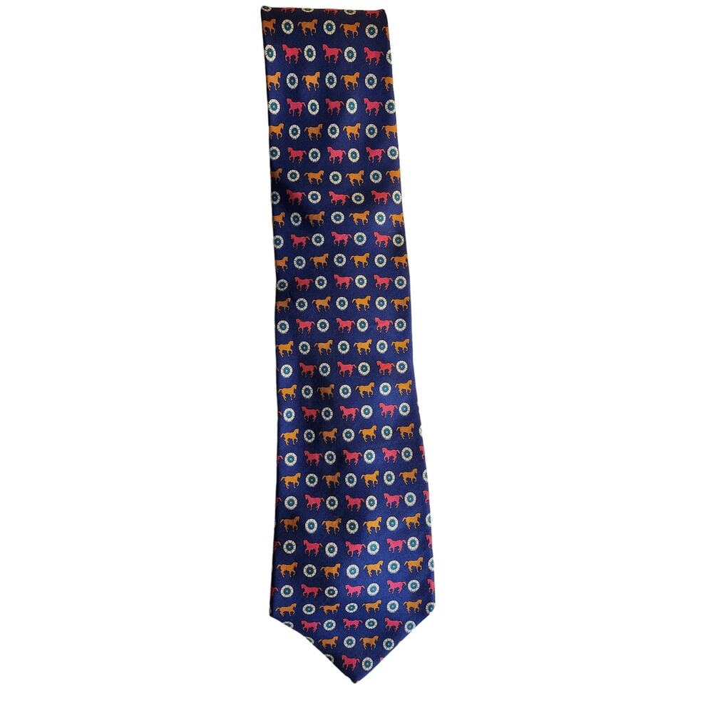 TRE E Perfetto Silk Neck Tie Equestrian Horse Italy Made Blue